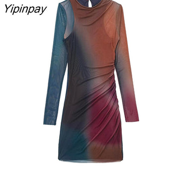 Yipinpay 2023 Sexy Women Tulle Printed Mini Dresses Vintage Female Slim Dresses Beach Party Long Sleeve O-neck Vestidos Mujer